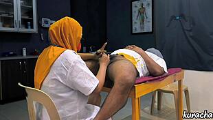 Muslim hijab doctor checks patients small cock with handjob play