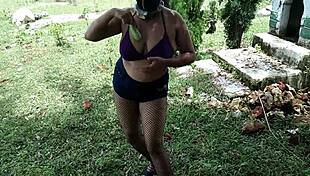 stepmom not satisfied with stepsons dick so she shoves bottle in pussy to quench fire in open jungle huge tits big ass outdoor