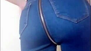 solo babe in tight jeans strips for comfy sex tease