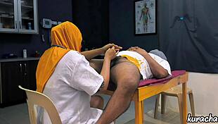 Muslim hijab doctor checks patients small cock with handjob play
