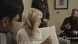 Petite blonde surrenders to three priests in taboo cinema gangbang frenzy