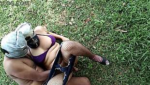 stepmom not satisfied with stepsons dick so she shoves bottle in pussy to quench fire in open jungle huge tits big ass outdoor