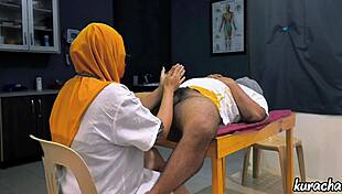 Muslim hijab doctor checks patients small cock with handjob play