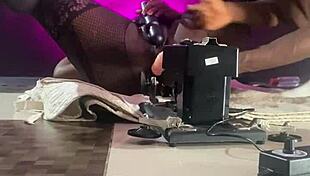 she spreads wide commanding him to eat her ebony milf ass like a pro slave on homemade machine