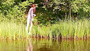 She Strips NUDE by the Lake, REDHEAD Petite Beauty Bares NATURAL TITS Outdoor