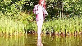 She Strips NUDE by the Lake, REDHEAD Petite Beauty Bares NATURAL TITS Outdoor