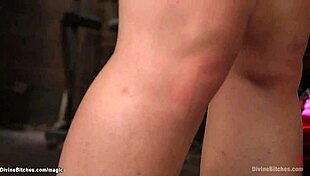 Latex domme chokes and pegs helpless bound slave with massive strapon
