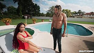 oiled babe sunbathes then rides cock doggystyle poolside deep