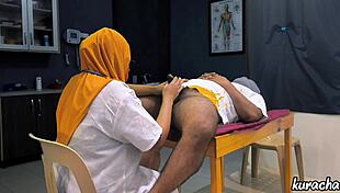 Muslim hijab doctor checks patients small cock with handjob play