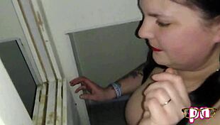 bbw brunette with huge natural tits sucks off dirty old men at the filthy gloryhole