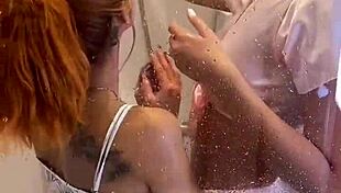 real amateurs sneak backstage for wet shower threesome after lesbian play