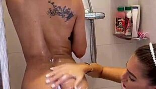 real amateurs sneak backstage for wet shower threesome after lesbian play