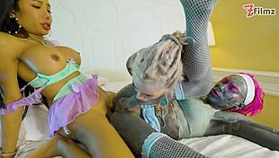 tattooed goth girl gapes in double anal threesome, atm rimjobs with two tranny sluts ending in facial blast