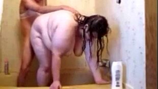 sissy pins wife against shower wall for deepthroat then anal creampie pounding