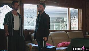 Travel buddies double penetrate super horny Asian milf Ember Snow in motel room.