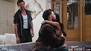 Travel buddies double penetrate super horny Asian milf Ember Snow in motel room.