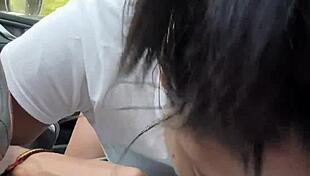 a cute curvy latina secretary flashes her tits then gives stranger sloppy deepthroat car blowjob payment