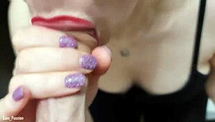 Doing a super closeup blowjob in my fave red lipstick then hot cumshot all over my face and lips yum