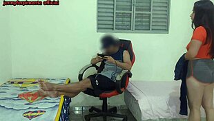Step-sister strips near her step-brother then he fucks her hard on gamer chair