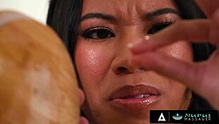 cute petite ebony ameena green slips into nuru oil massage, riding boyfriend's cock cowgirl to cum