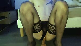 the eager french travesti in lingerie rams dildo deep into her pussy for orgasm