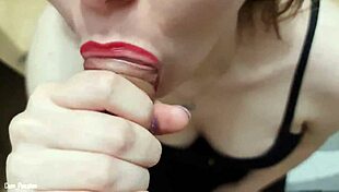 Doing a super closeup blowjob in my fave red lipstick then hot cumshot all over my face and lips yum