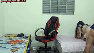 Step-sister strips near her step-brother then he fucks her hard on gamer chair