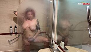 Throbbing with desire as my stepsister's huge tits bounce riding my cock in shower