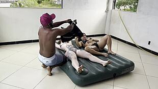 Two Curvy Babes Get Skilled Help Inflating Mattress From Street Stud