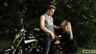 biker pounds girlfriends big tits on motorcycle outdoors part 1
