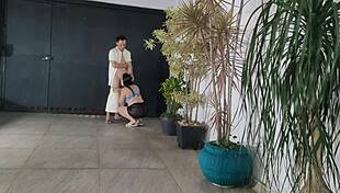 Risky Garage Fuck with Neighbor While Cuckold Hubby Showers Inside