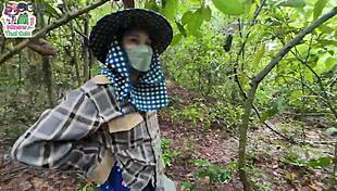 Thai teen gets horny lost in forest and FUCKS rough outdoors