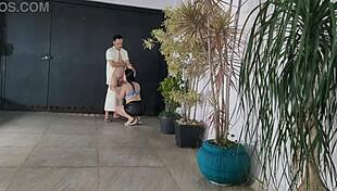 Risky Garage Fuck with Neighbor While Cuckold Hubby Showers Inside