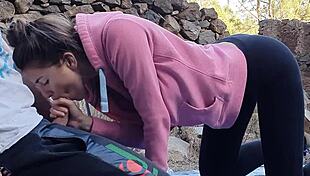 brunette teen tempts risky outdoor fun with hunk