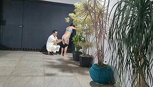Risky Garage Fuck with Neighbor While Cuckold Hubby Showers Inside