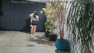 Risky Garage Fuck with Neighbor While Cuckold Hubby Showers Inside