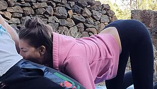 brunette teen tempts risky outdoor fun with hunk