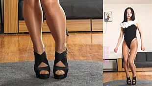 asian dancer stretches pantyhose leotard body perfectly