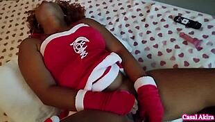 Curvy Brazilian tests vibrator then takes cum deep in pussy Christmas style