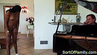 Ebony stepdaughter takes doggystyle pounding bent over by piano from milf