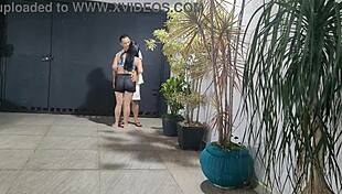 Risky Garage Fuck with Neighbor While Cuckold Hubby Showers Inside