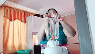 Stepmom mixes smoothie in kitchen when stepson sneaks up grabs her big tits and fucks her rough