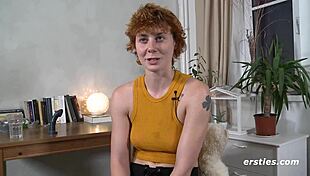 Polyamorous Berlin redhead masturbates hairy pussy with dildo on cam