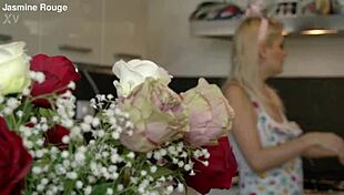 crazy sexy housewife with natural tits small waist drops panties in kitchen for wild fuck