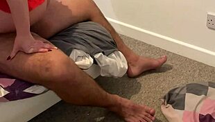 Step mom kneels to suck his thick dick before riding it to belly cumshot.
