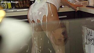 crazy sexy housewife with natural tits small waist drops panties in kitchen for wild fuck