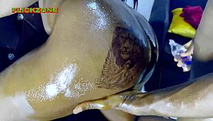 Teasing Her Shiny Oiled Ebony Ass With My Hard Cock Up Close