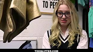 nerdy blonde kallie taylor caught stealing gets hairy pussy ripped open by guard cock