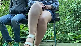 Chubby BBW cougar pisses in park flashes wet pussy hands stranger dirty panties