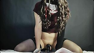 Japanese Shemale Mina Explodes Twice on Massive Dildo in Kitsune Mask